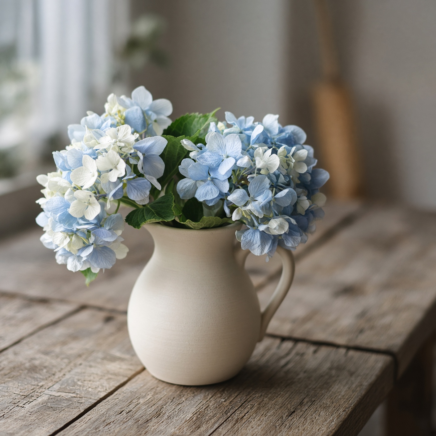 Hortensias azul pálido y crema en un jarro de cerámica