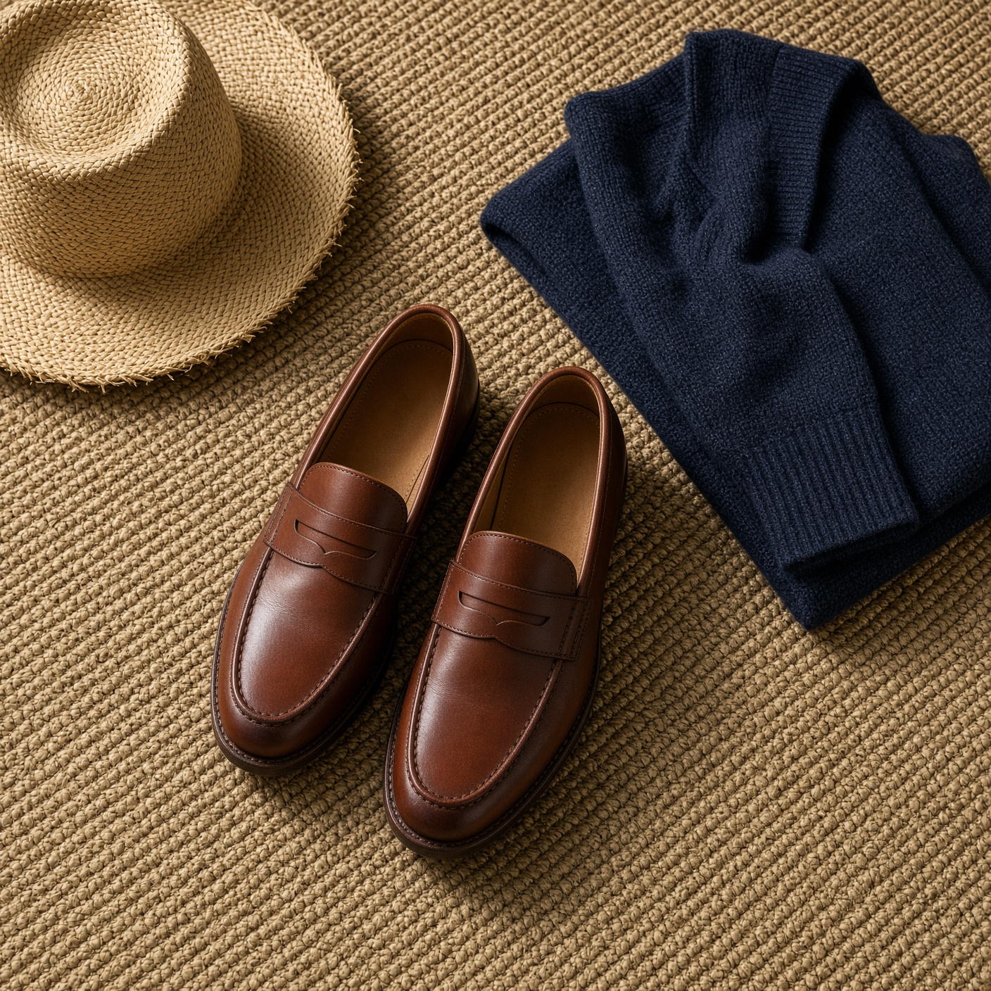 Mocasines de cuero castaño, sombrero de paja y sweater navy