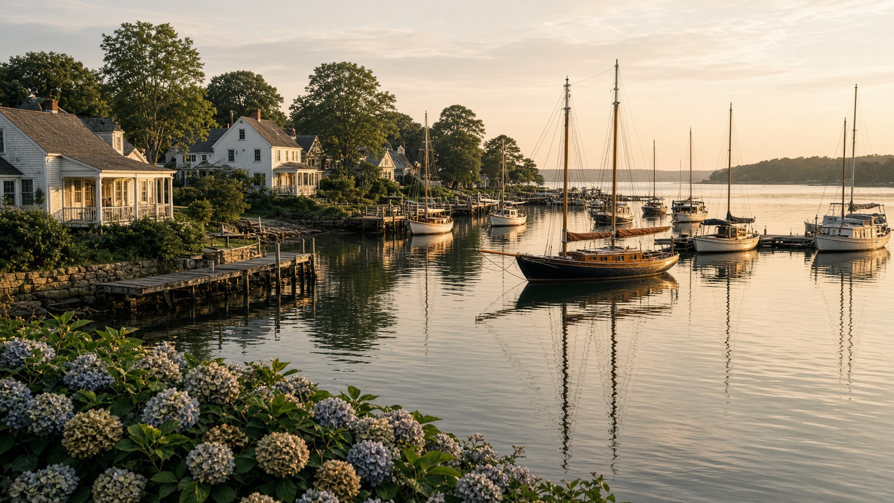 Puerto de Sag Harbor con veleros de madera al atardecer
