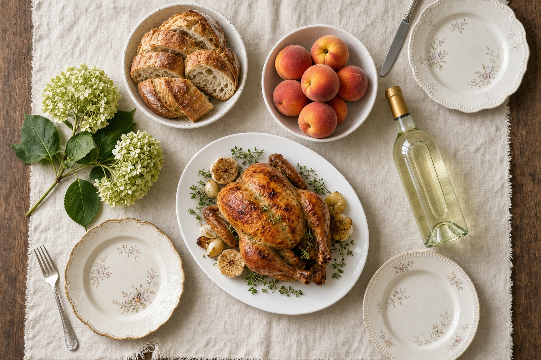 Mesa de almuerzo con pollo asado, duraznos, pan y vino blanco